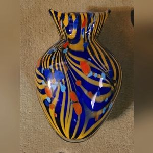 Murano Style Art Glass Vase Blue Yellow Multi Heavy 7 in.